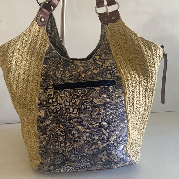 Sak Roots jute beige grey blue boho satchel bag double handle - Picture 16 of 16